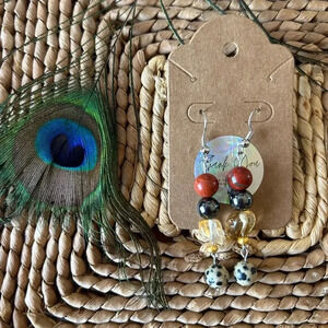 ❤️💛Handmade red Jasper + hematite + citrine + Dalmatian Jasper dangle earrings